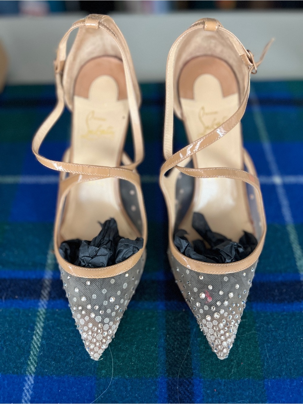 Christian Louboutin Nude Beige Pointed Crystal Mesh Ankle-Strap Pumps